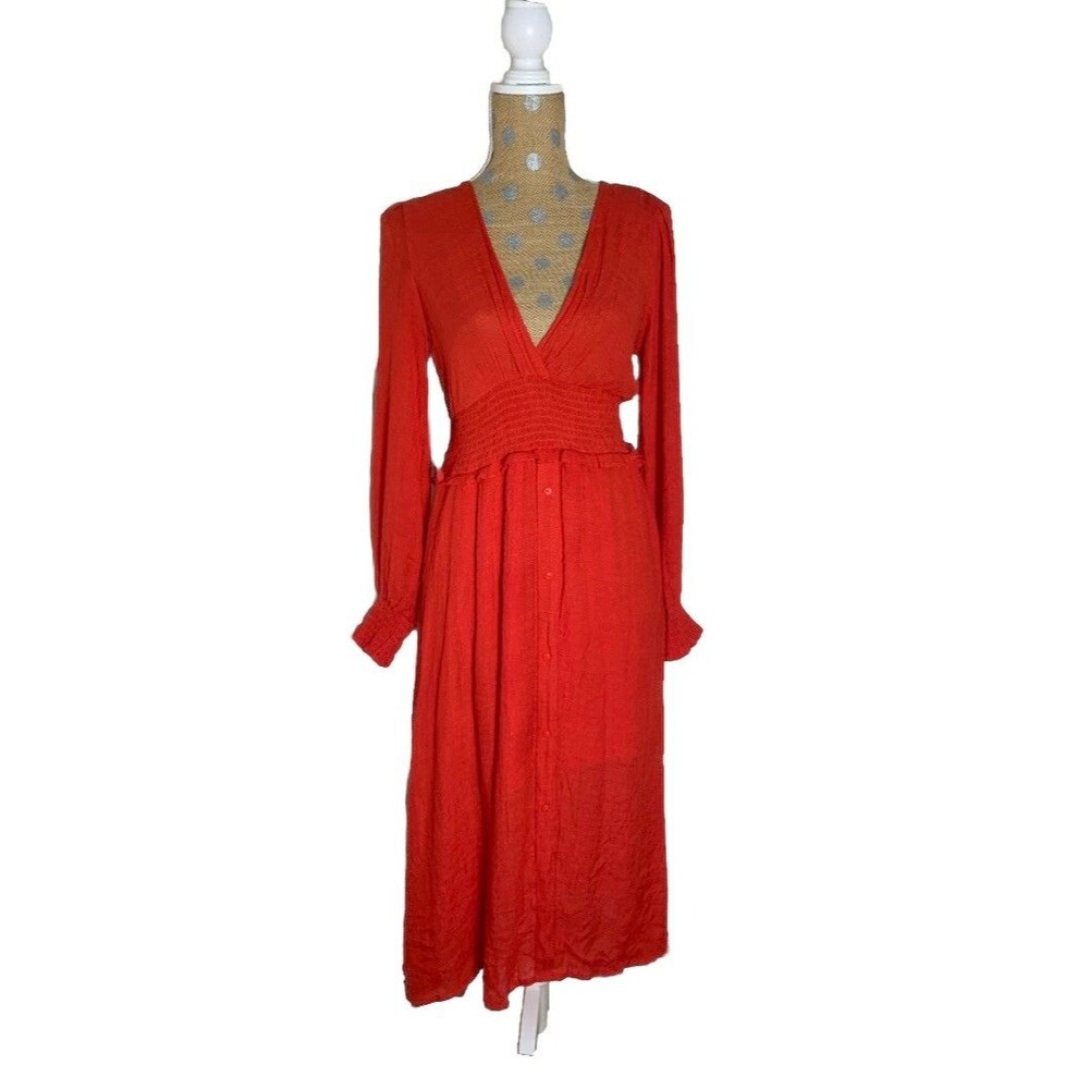 A. Calin Flying Tomato Midi Gauze Dress Lightweight V Neck Boho Small Smocked